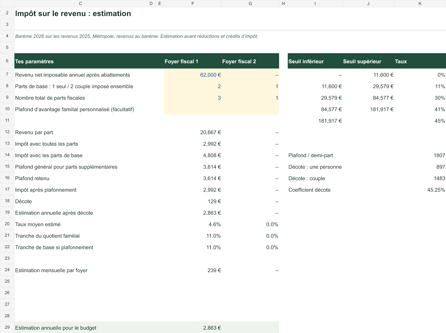 Estimation de l’impôt français dans Excel avec deux foyers fiscaux, parts et tranches