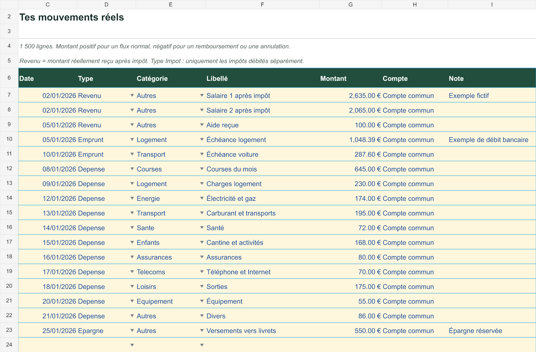 Journal Excel des opérations familiales avec date, type, catégorie et montant