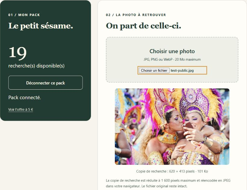 La photo de démonstration sélectionnée, son aperçu et le pack connecté dans Où traîne ma photo ?