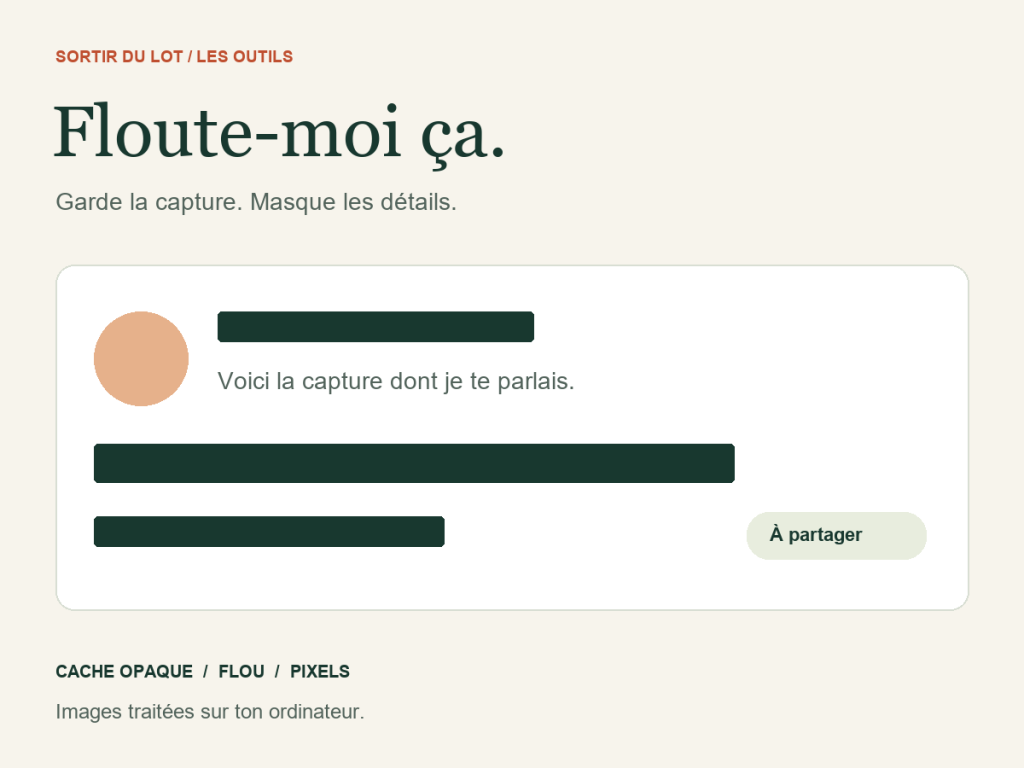 Floute-moi ça : une capture dont les informations privées sont couvertes par des caches opaques.